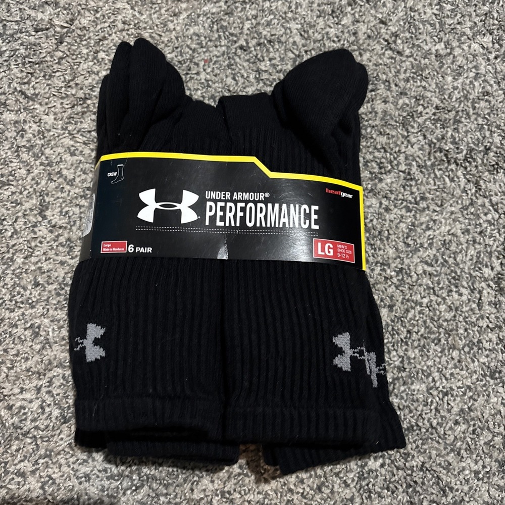 Under Armour Performance Crew Socks Mens Large 6-Pack Black New